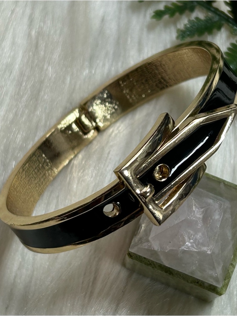 Buckle Gold tone Black Enamel Bangle Bracelet